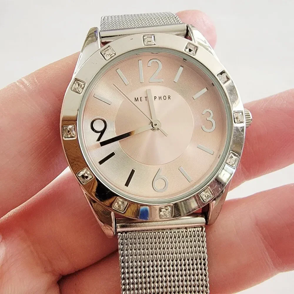 MET PHOR Womens Watch Pink Dial 36mm Silver Case Mesh Bracelet Quartz Analog